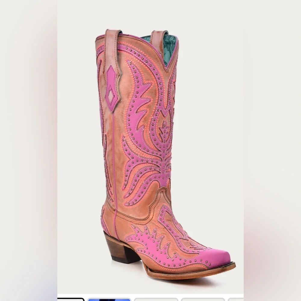 PINK FLUORESCENT EMBROIDERY AND STUDS SNIP TOE COWBOY BOOT - Picture 4 of 6